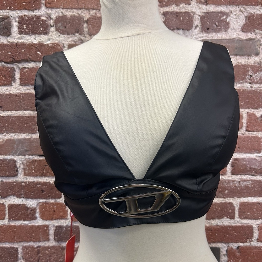 NWT Diesel Black Coated V-Neck Bralette Crop Top Medium Metal Oval D Logo Plaque